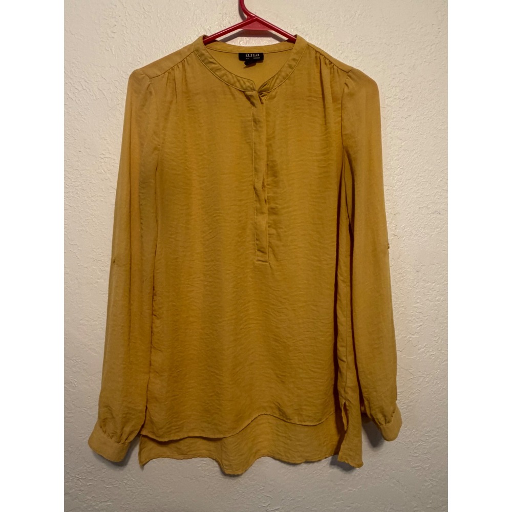a.n.a Mustard Yellow Roll Tab Long Sleeve Blouse Small Mandarin Collar Top